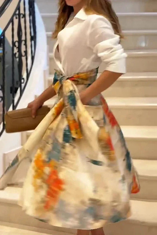 Long Sleeve Lace Up Printed High Waist Pleated Midi Dress