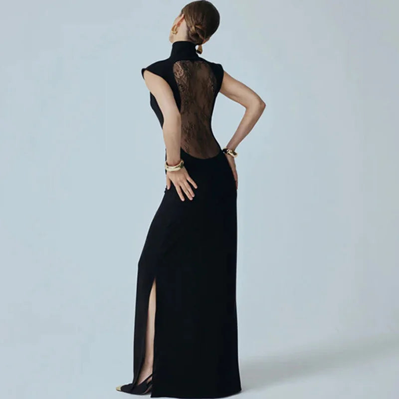 Hollow Out High Neck Patchwork Backless Maxi Dress