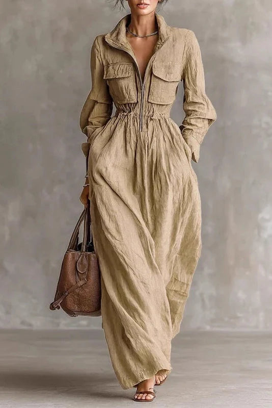 Elegant Pleated High Waist Long Sleeve Zipper Maxi Dress