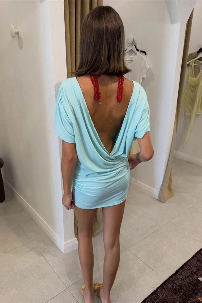 V-Neck Loose Short Sleeve Pleated Mini Dress