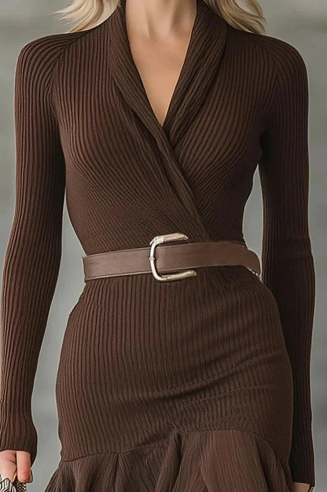 Elegant Pleated V-Neck Long Sleeve Midi Dress