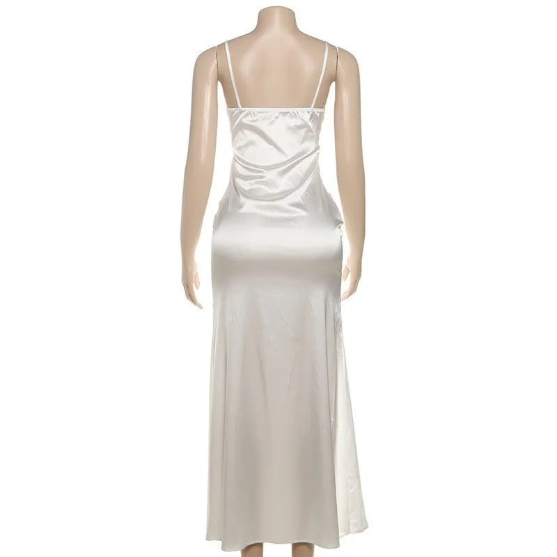 V Neck Lace Bow Sling Patchwork Maxi Dress