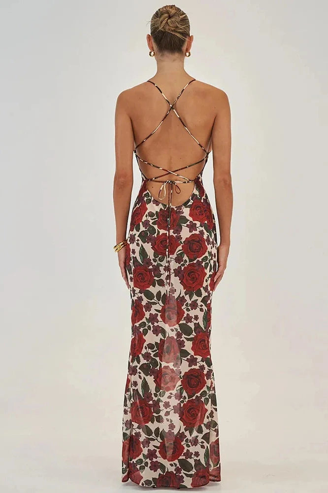 Spaghetti Strap Sleeveless Backless Deep V Neck Lace-up Maxi Dress