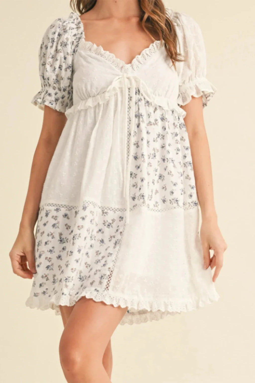 Floral Print V Neck Short Sleeve A-Line Mini Dress