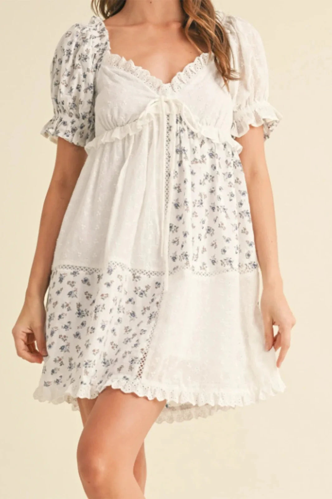 Floral Print V Neck Short Sleeve A-Line Mini Dress