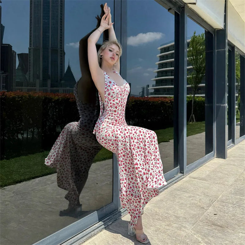 Printed Sleeveless Backless Slit Maxi Dress