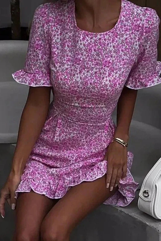 Hollow Out Printed Backless Slim Fit Short Sleeve Mini Dress