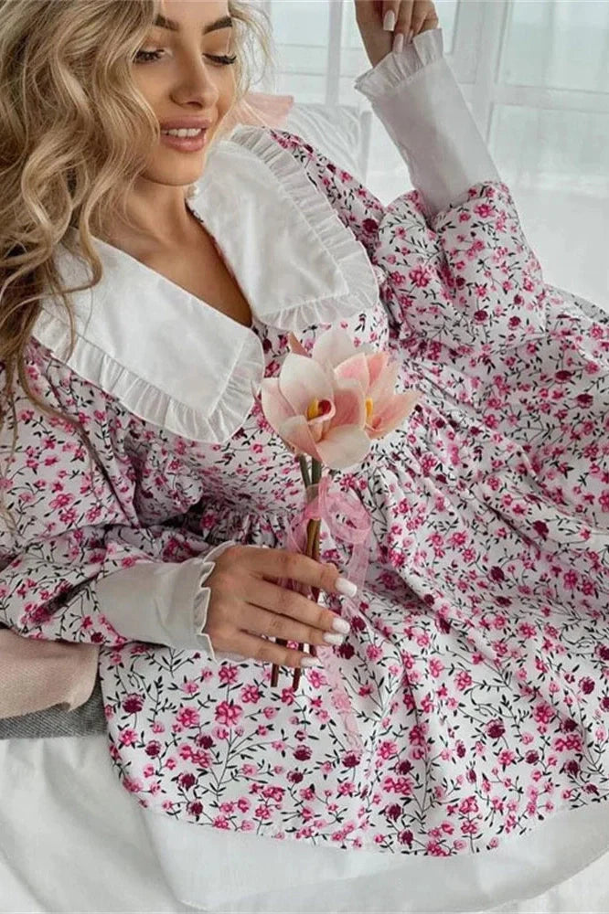 Printed V-Neck Slim Long Sleeve Bodycon Mini Dress
