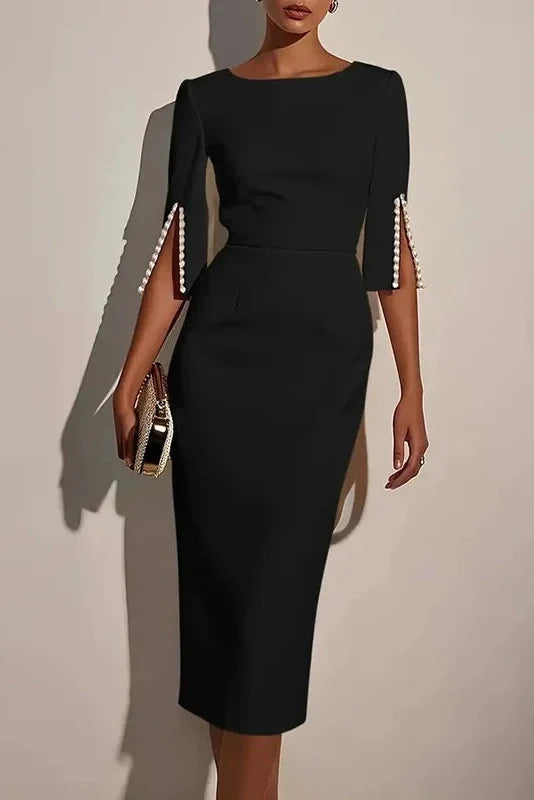 Elegant O Neck Split Half Sleeve Slim Midi Dress