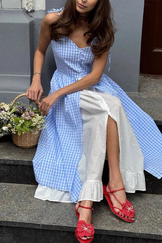 Elegant Plaid Patchwork Two-Piece Single-Breasted Midi Dress