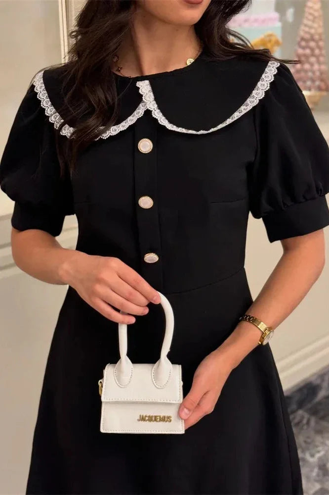 Elegant Patchwork Short Sleeve Lace-Up Mini Dress
