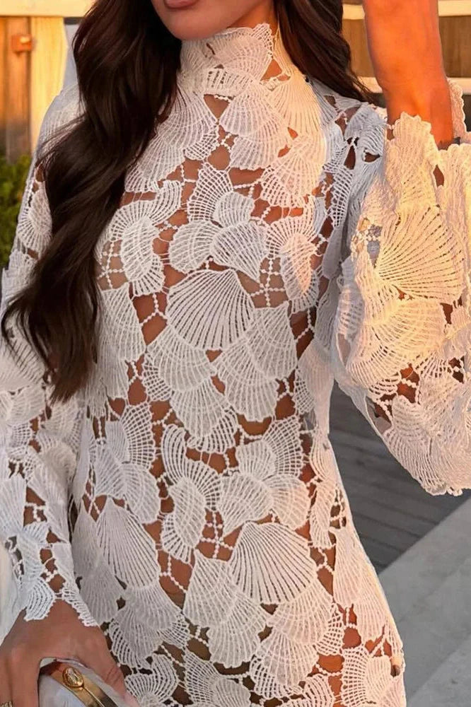 Lace Hollow Out High Waist Turtleneck Long Sleeve Mini Dress