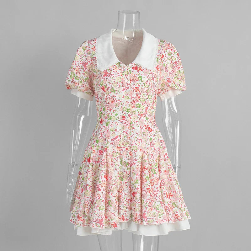V Neck Printed Short Sleeve Lace Up Mini Dress