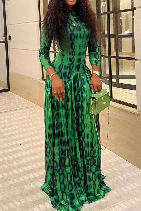 Printed Long Sleeve Slim High Waist Pleated Maxi Dress
