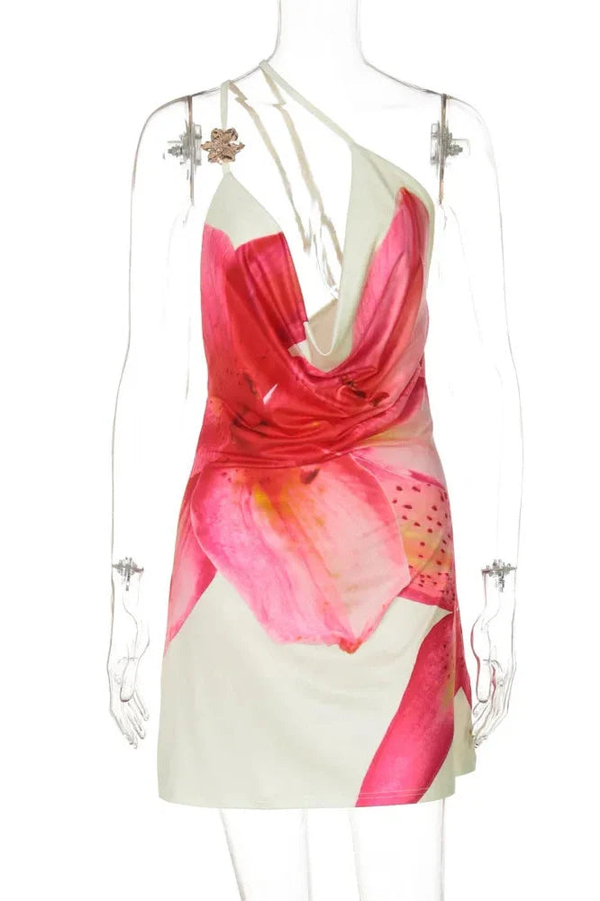 Hollow Out One Shoulder Backless Print Sleeveless Mini Dress