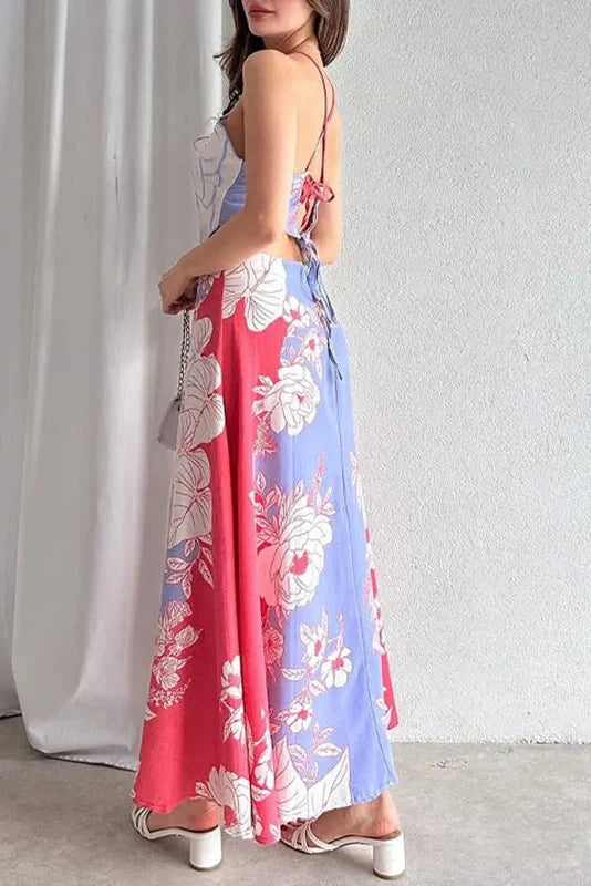 Hollow Out Lace Up Backless Sleeveless Printed Maxi Dress