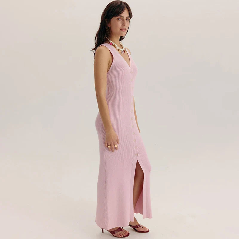 V-Neck Knitted Sleeveless Slim Maxi Dress