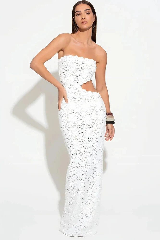 Hollow Out Off-Shoulder Lace Strapless Sleeveless Maxi Dress
