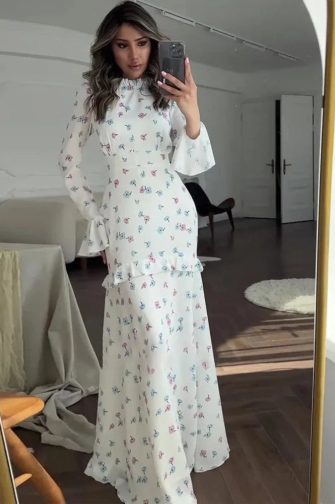 Printed Long Sleeve Slim Fit Lace Maxi Dress