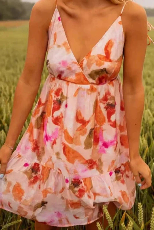 V-Neck Printed Backless Pleated Sleeveless Mini Dress