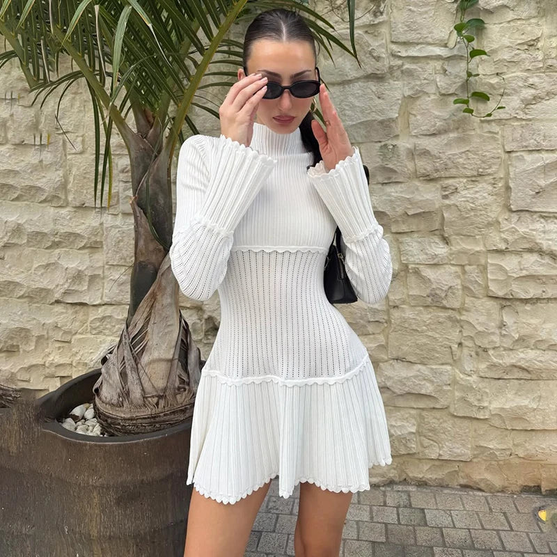 Hollow Knitted Long Sleeve Slim Mini Dress
