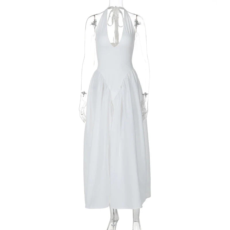 Deep V Neck A-Line Pleated Midi Dress