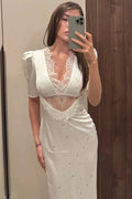 Hollow Lace Short Sleeve High Waist Slim Printed Maxi Dress