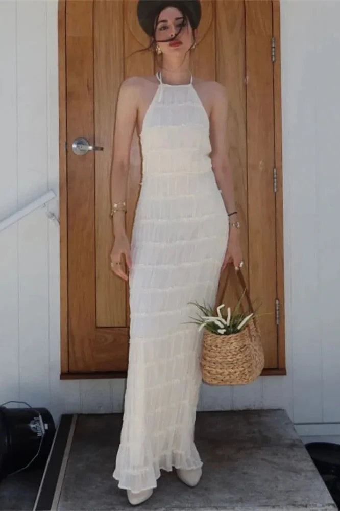 Patchwork Lace-Up Backless High Waist Maxi Dress