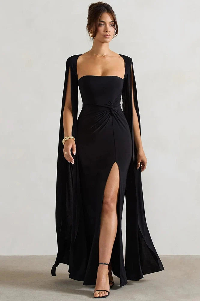 Long Cape Sleeve Square Collar Maxi Dress