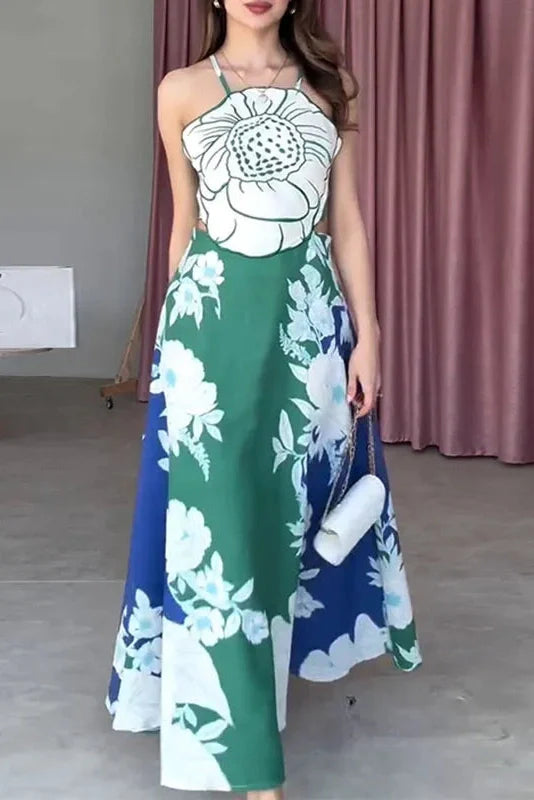 Hollow Out Lace Up Backless Sleeveless Printed Maxi Dress