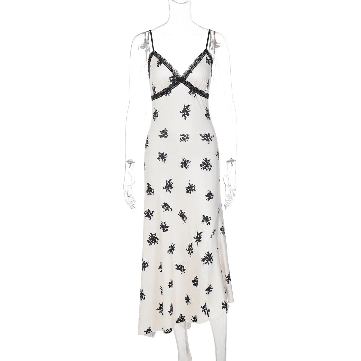Lace Print Spaghetti Strap Slim Midi Dress
