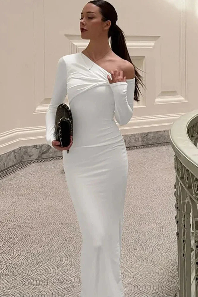Inclined Shoulder Long Sleeve Backless Bodycon Maxi Dress