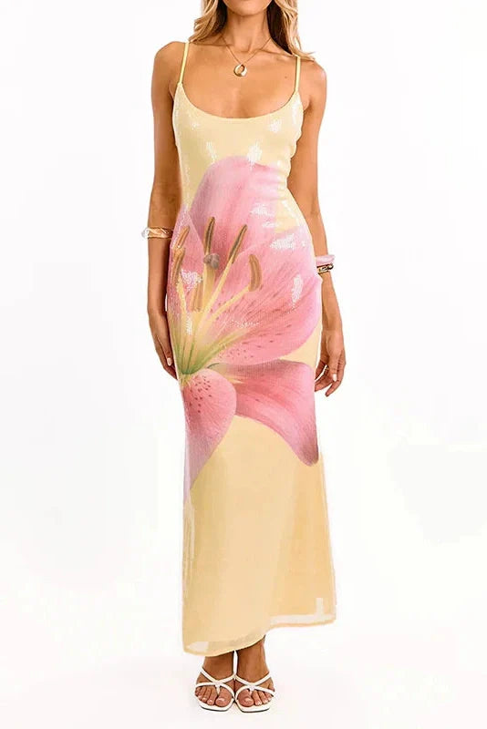 Floral Print Sleeveless Slim High Waist Backless Maxi Dress