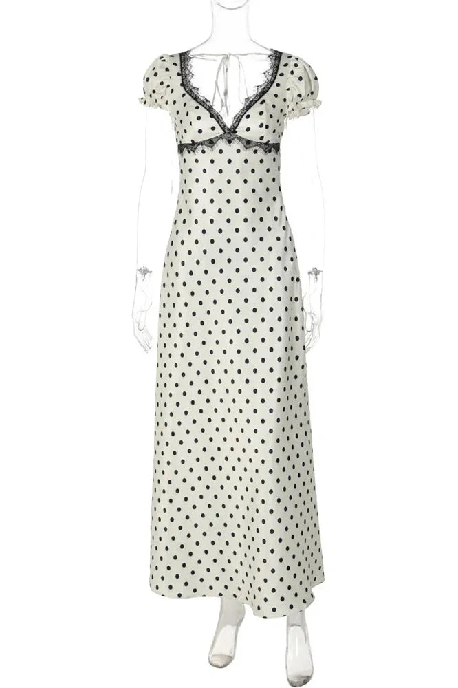 Lace Backless V-Neck Short Sleeve Maxi Dress