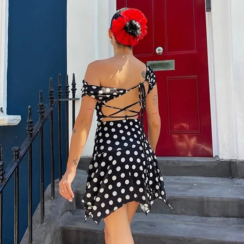 Polka Dot Off-Shoulder Long Sleeve Patchwork Mini Dress