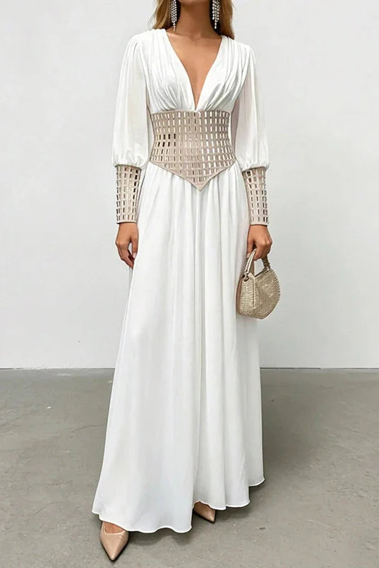 Long Sleeve Slim V-Neck High Waist Maxi Dress