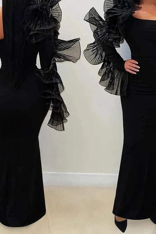 Elegant One-Shoulder Sleeve Slash Collar Slim Pleated Maxi Dress