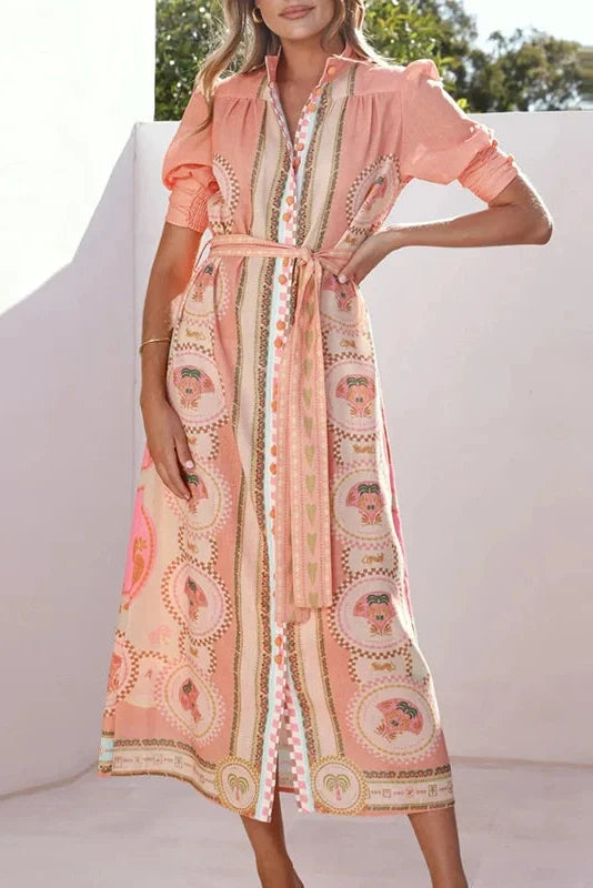 Elegant Lace Up High Waist Printed Short Sleeve Pleated Midi Dress