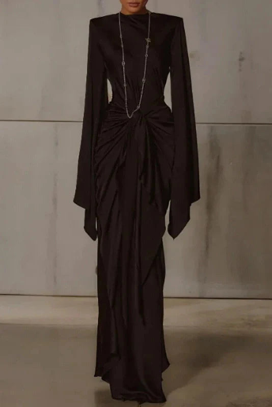 O-Neck High Waist Pleated Long Sleeve Slim Maxi Dress