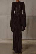 O-Neck High Waist Pleated Long Sleeve Slim Maxi Dress