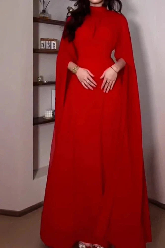 Elegant O-Neck Slit Long Sleeve Pleated High Waist Maxi Dress