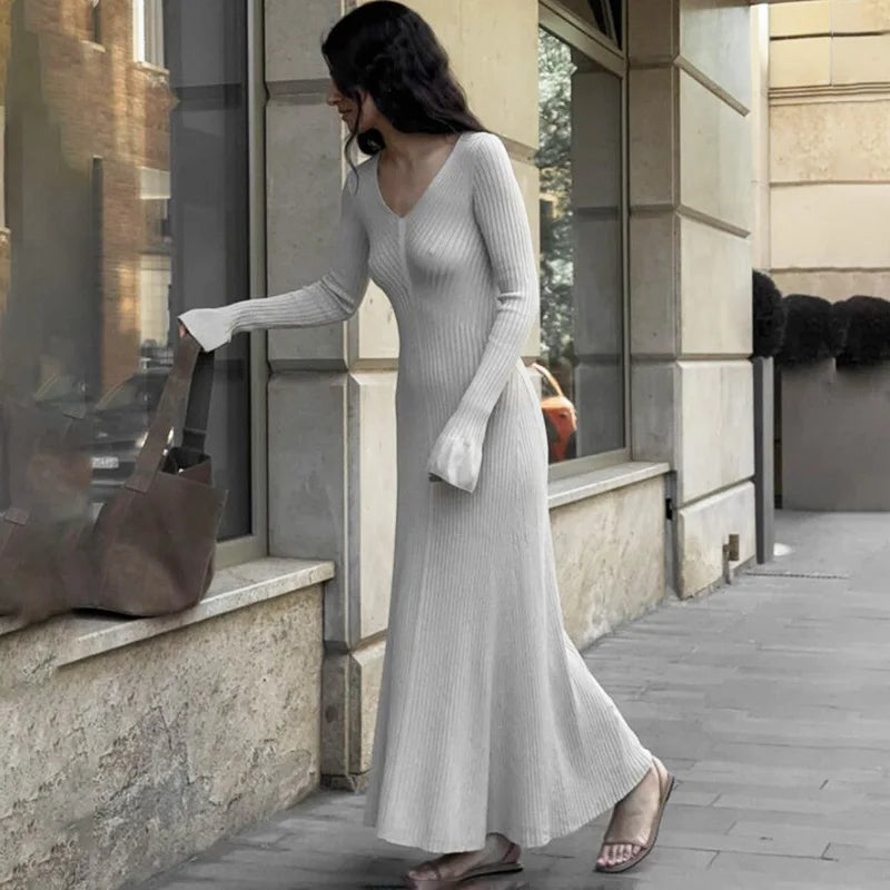 V-Neck High Waisted Long Sleeve Maxi Dress