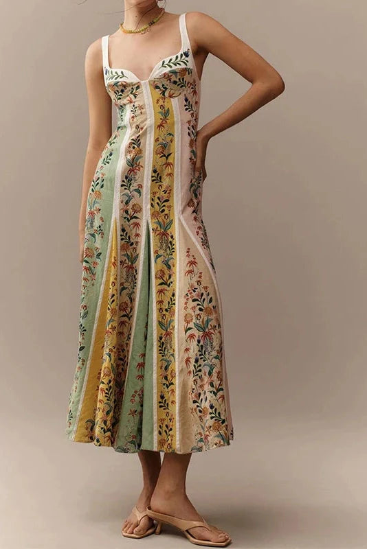 Floral Printed Slim High Waist Sleeveless Pleated Maxi Dress