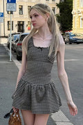 Plaid Printed Square Collar A-Line Sleeveless High Waist Mini Dress