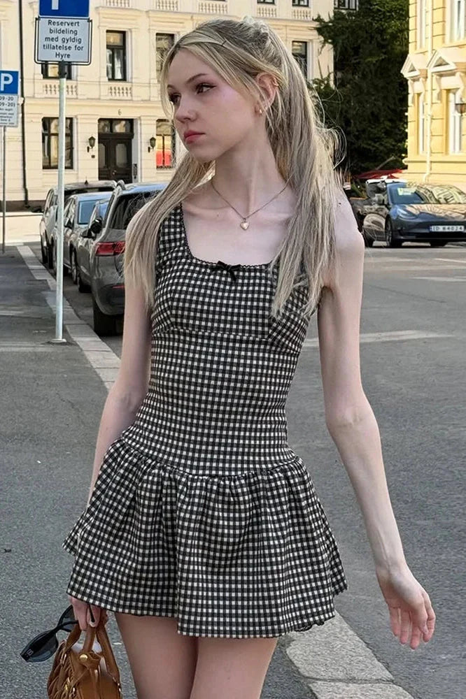 Plaid Printed Square Collar A-Line Sleeveless High Waist Mini Dress
