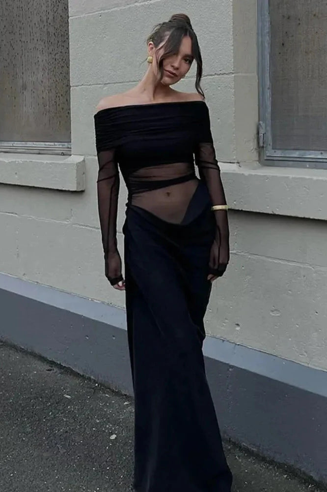 Off-shoulder Strapless Long Sleeve See Through Maxi Dress