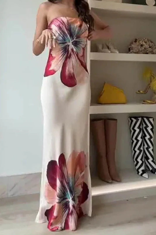 Printed Off Shoulder Slim Backless Strapless Maxi Dress