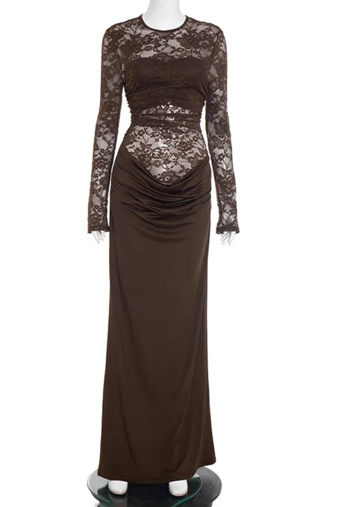 Lace Patchwork See Through Long Sleeve High Waist Maxi Dress