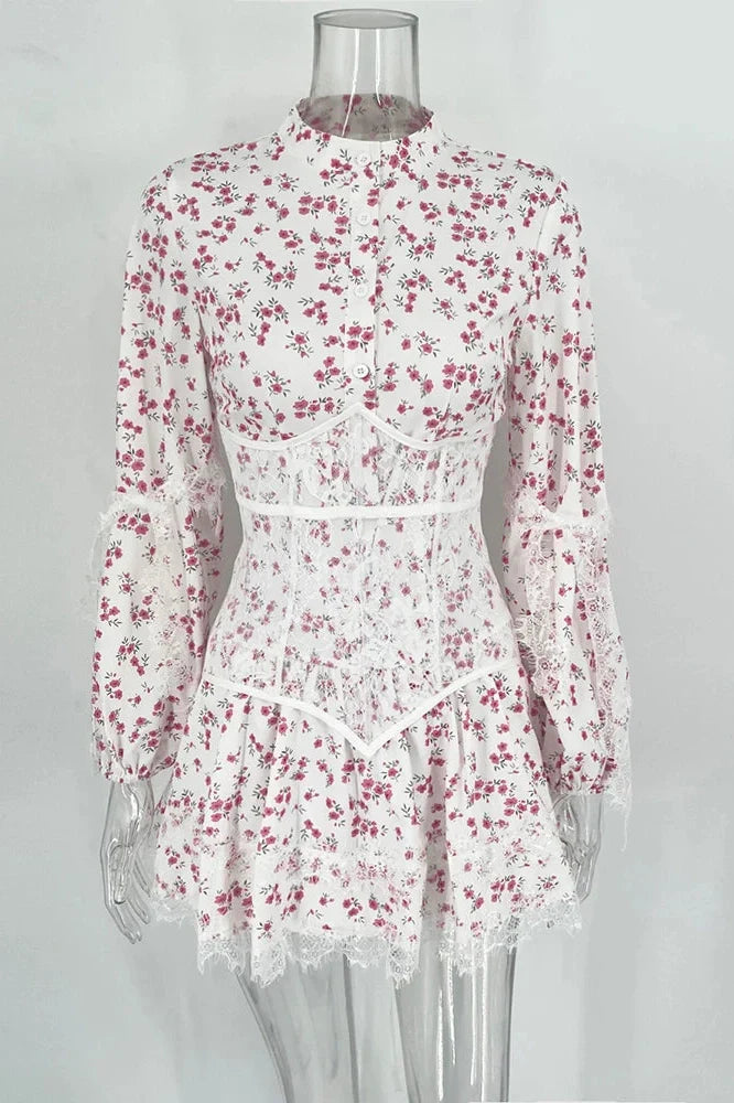 V Neck Lace Printed High Waist Long Sleeve Slim Fit Mini Dress