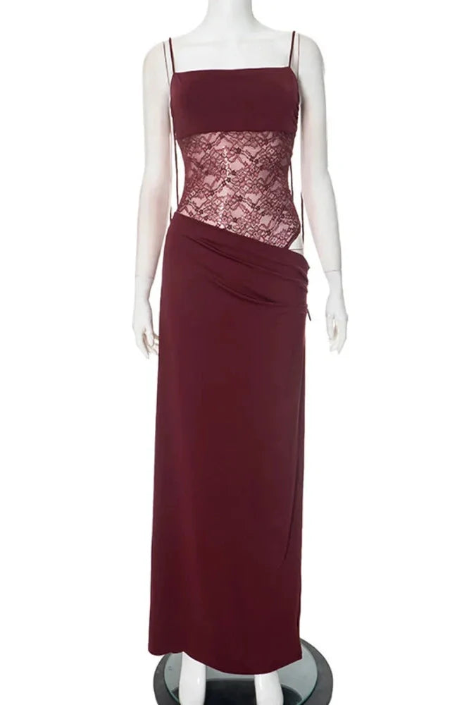 Hollow Out Spaghetti Strap Lace Sleeveless Bodycon Maxi Dress